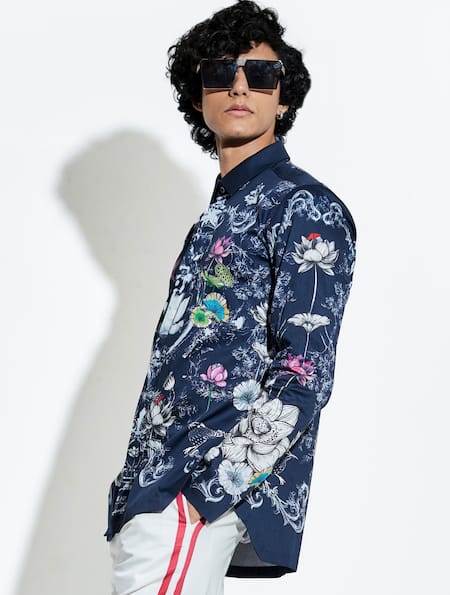 Shop MR. Ajay Kumar Blue 100% Luxe Cotton Printed Lotus Bloom Shirt Online at Aza Fashions Shop_MR. Ajay Kumar_Blue 100% Luxe Cotton Printed Lotus Bloom Shirt _Online_at_Aza_Fashions