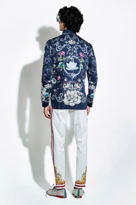 Shop MR. Ajay Kumar White Cotton Satin Lycra Printed Stripe Side Pant at Aza Fashions Shop_MR. Ajay Kumar_White Cotton Satin Lycra Printed Stripe Side Pant _at_Aza_Fashions