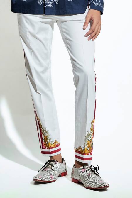 MR. Ajay Kumar White Cotton Satin Lycra Printed Stripe Side Pant Online at Aza Fashions MR. Ajay Kumar_White Cotton Satin Lycra Printed Stripe Side Pant _Online_at_Aza_Fashions