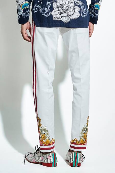 Buy MR. Ajay Kumar White Cotton Satin Lycra Printed Stripe Side Pant Online at Aza Fashions Buy_MR. Ajay Kumar_White Cotton Satin Lycra Printed Stripe Side Pant _Online_at_Aza_Fashions
