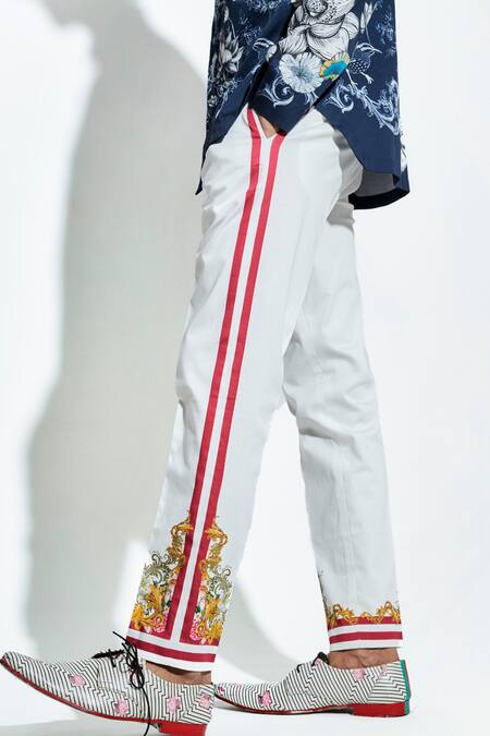 Shop MR. Ajay Kumar White Cotton Satin Lycra Printed Stripe Side Pant Online at Aza Fashions Shop_MR. Ajay Kumar_White Cotton Satin Lycra Printed Stripe Side Pant _Online_at_Aza_Fashions