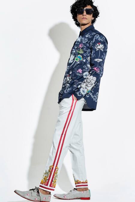 MR. Ajay Kumar White Cotton Satin Lycra Printed Stripe Side Pant at Aza Fashions MR. Ajay Kumar_White Cotton Satin Lycra Printed Stripe Side Pant _at_Aza_Fashions