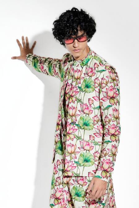 MR. Ajay Kumar_Green 100% European Linen Printed Zambak Bundi _Online_at_Aza_Fashions