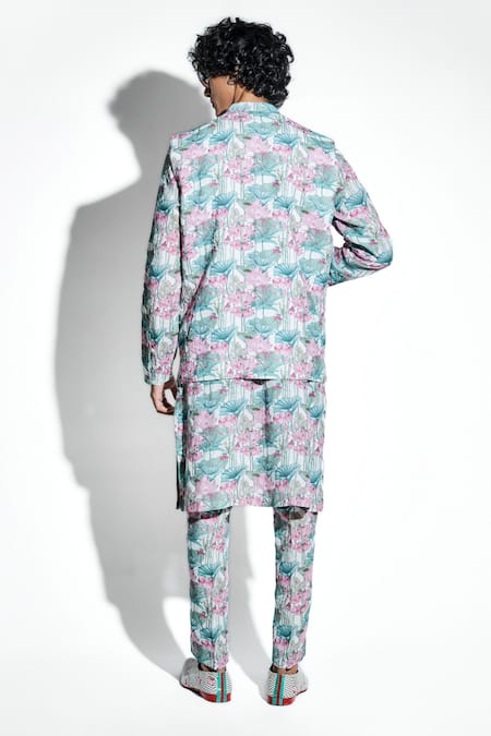 Shop MR. Ajay Kumar White 100% European Linen Printed Gandharva Lotus Bundi at Aza Fashions Shop_MR. Ajay Kumar_White 100% European Linen Printed Gandharva Lotus Bundi _at_Aza_Fashions