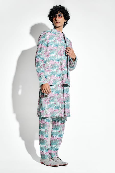 MR. Ajay Kumar White 100% European Linen Printed Gandharva Lotus Bundi Online at Aza Fashions MR. Ajay Kumar_White 100% European Linen Printed Gandharva Lotus Bundi _Online_at_Aza_Fashions