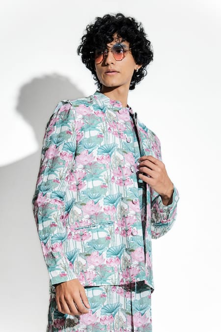 Buy MR. Ajay Kumar White 100% European Linen Printed Gandharva Lotus Bundi Online at Aza Fashions Buy_MR. Ajay Kumar_White 100% European Linen Printed Gandharva Lotus Bundi _Online_at_Aza_Fashions