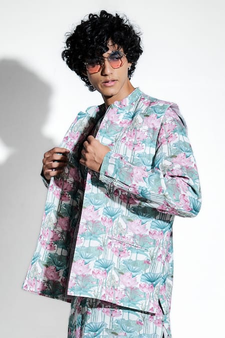 Shop MR. Ajay Kumar White 100% European Linen Printed Gandharva Lotus Bundi Online at Aza Fashions Shop_MR. Ajay Kumar_White 100% European Linen Printed Gandharva Lotus Bundi _Online_at_Aza_Fashions