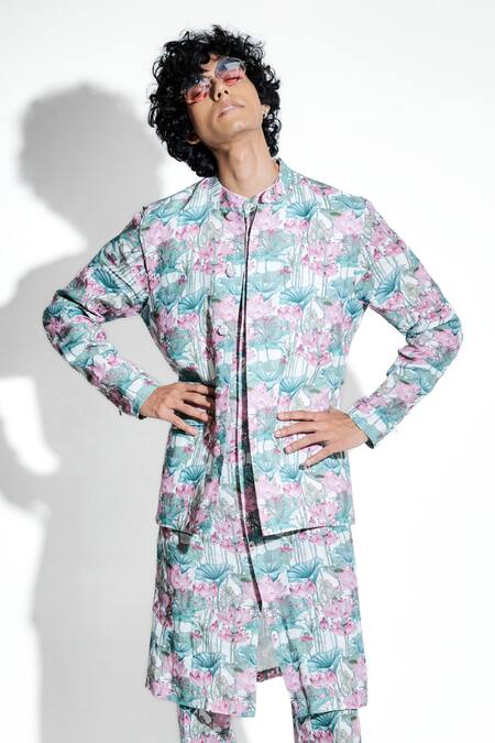 MR. Ajay Kumar White 100% European Linen Printed Gandharva Lotus Bundi at Aza Fashions MR. Ajay Kumar_White 100% European Linen Printed Gandharva Lotus Bundi _at_Aza_Fashions