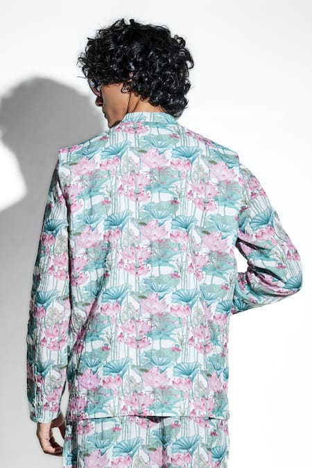 Buy MR. Ajay Kumar White 100% European Linen Printed Gandharva Lotus Bundi Buy_MR. Ajay Kumar_White 100% European Linen Printed Gandharva Lotus Bundi