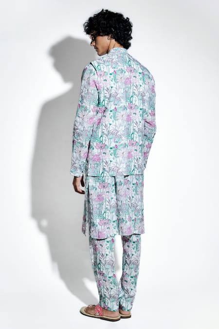 Shop MR. Ajay Kumar White 100% European Linen Printed Keshava Lotus Bundi at Aza Fashions Shop_MR. Ajay Kumar_White 100% European Linen Printed Keshava Lotus Bundi _at_Aza_Fashions