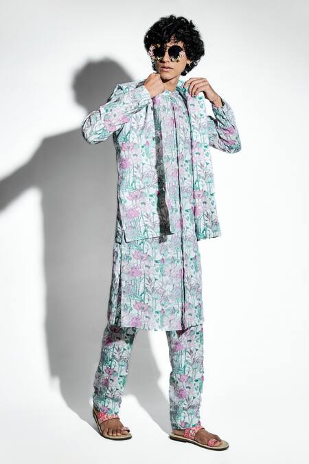 MR. Ajay Kumar White 100% European Linen Printed Keshava Lotus Bundi Online at Aza Fashions MR. Ajay Kumar_White 100% European Linen Printed Keshava Lotus Bundi _Online_at_Aza_Fashions