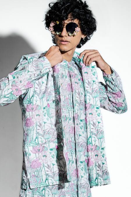 Buy MR. Ajay Kumar White 100% European Linen Printed Keshava Lotus Bundi Online at Aza Fashions Buy_MR. Ajay Kumar_White 100% European Linen Printed Keshava Lotus Bundi _Online_at_Aza_Fashions