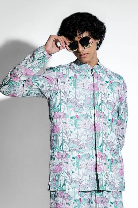 Shop MR. Ajay Kumar White 100% European Linen Printed Keshava Lotus Bundi Online at Aza Fashions Shop_MR. Ajay Kumar_White 100% European Linen Printed Keshava Lotus Bundi _Online_at_Aza_Fashions