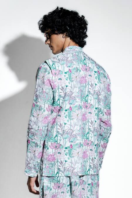 MR. Ajay Kumar White 100% European Linen Printed Keshava Lotus Bundi at Aza Fashions MR. Ajay Kumar_White 100% European Linen Printed Keshava Lotus Bundi _at_Aza_Fashions