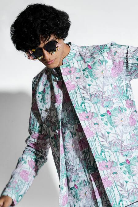 Buy MR. Ajay Kumar White 100% European Linen Printed Keshava Lotus Bundi Buy_MR. Ajay Kumar_White 100% European Linen Printed Keshava Lotus Bundi