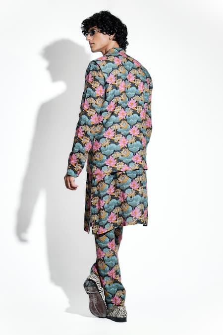 Shop MR. Ajay Kumar Black 100% European Linen Printed Lotus Bundi at Aza Fashions Shop_MR. Ajay Kumar_Black 100% European Linen Printed Lotus Bundi _at_Aza_Fashions