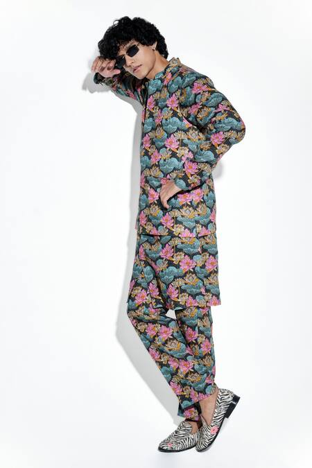 MR. Ajay Kumar Black 100% European Linen Printed Lotus Bundi Online at Aza Fashions MR. Ajay Kumar_Black 100% European Linen Printed Lotus Bundi _Online_at_Aza_Fashions