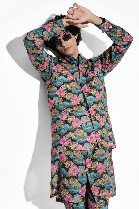 Buy MR. Ajay Kumar Black 100% European Linen Printed Lotus Bundi Online at Aza Fashions Buy_MR. Ajay Kumar_Black 100% European Linen Printed Lotus Bundi _Online_at_Aza_Fashions