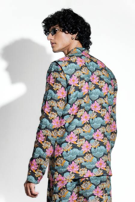 Shop MR. Ajay Kumar Black 100% European Linen Printed Lotus Bundi Online at Aza Fashions Shop_MR. Ajay Kumar_Black 100% European Linen Printed Lotus Bundi _Online_at_Aza_Fashions