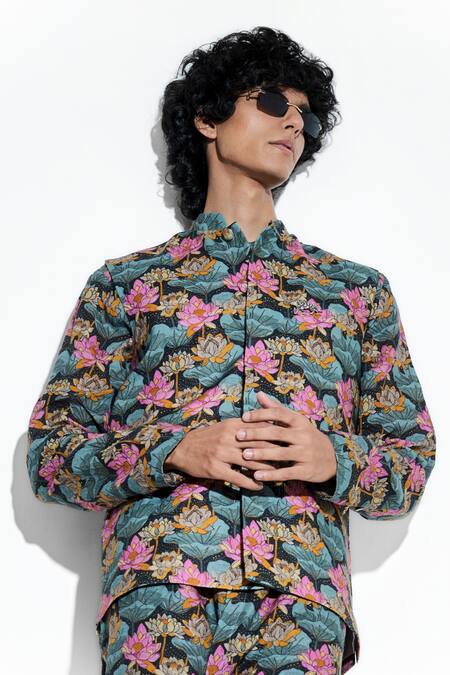 MR. Ajay Kumar Black 100% European Linen Printed Lotus Bundi at Aza Fashions MR. Ajay Kumar_Black 100% European Linen Printed Lotus Bundi _at_Aza_Fashions