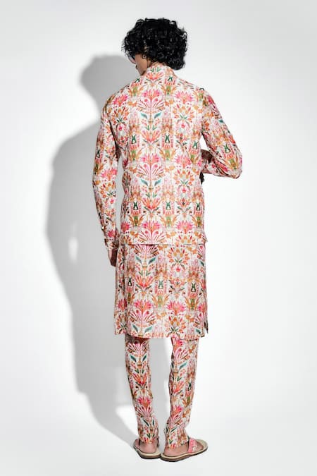 Shop MR. Ajay Kumar Multi Color Silk Linen Printed Lotus Unfurls Bundi at Aza Fashions Shop_MR. Ajay Kumar_Multi Color Silk Linen Printed Lotus Unfurls Bundi _at_Aza_Fashions