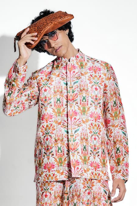 Shop MR. Ajay Kumar Multi Color Silk Linen Printed Lotus Unfurls Bundi Online at Aza Fashions Shop_MR. Ajay Kumar_Multi Color Silk Linen Printed Lotus Unfurls Bundi _Online_at_Aza_Fashions