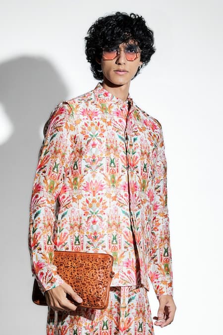 MR. Ajay Kumar Multi Color Silk Linen Printed Lotus Unfurls Bundi at Aza Fashions MR. Ajay Kumar_Multi Color Silk Linen Printed Lotus Unfurls Bundi _at_Aza_Fashions