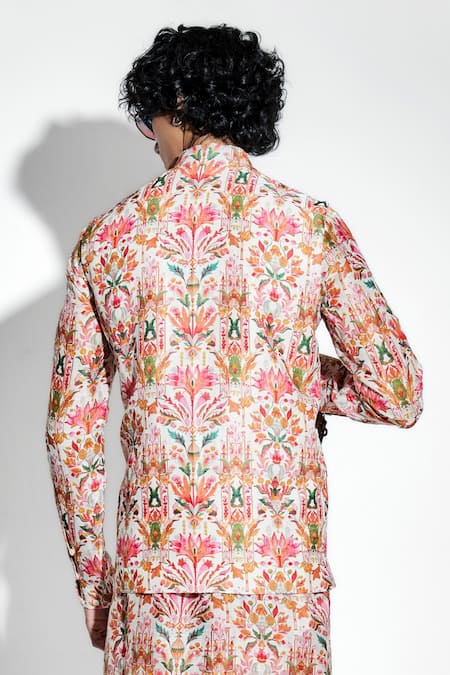 Buy MR. Ajay Kumar Multi Color Silk Linen Printed Lotus Unfurls Bundi Buy_MR. Ajay Kumar_Multi Color Silk Linen Printed Lotus Unfurls Bundi