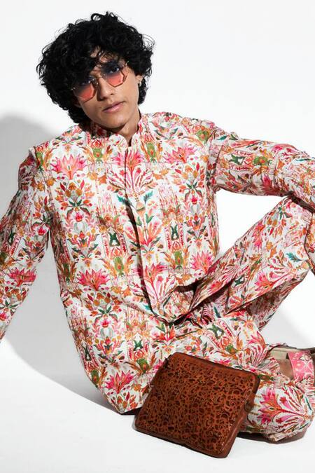 Shop MR. Ajay Kumar Multi Color Silk Linen Printed Lotus Unfurls Bundi Shop_MR. Ajay Kumar_Multi Color Silk Linen Printed Lotus Unfurls Bundi