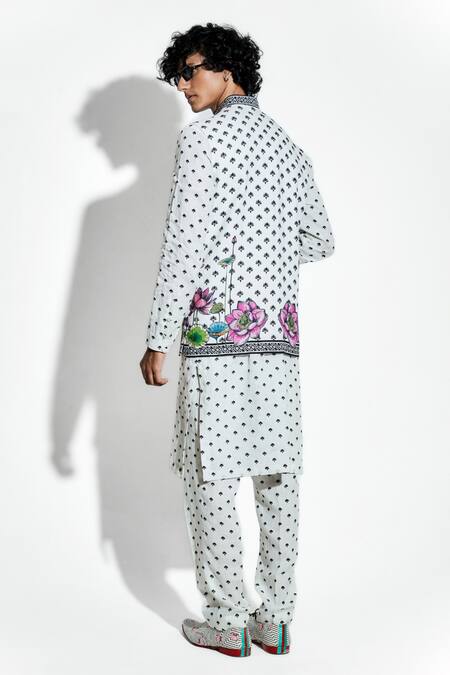 Shop MR. Ajay Kumar White 100% European Linen Printed Lotus Bundi at Aza Fashions Shop_MR. Ajay Kumar_White 100% European Linen Printed Lotus Bundi _at_Aza_Fashions