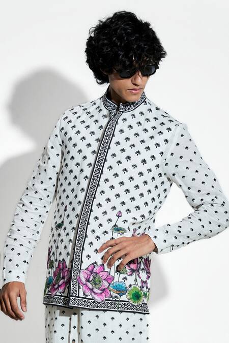 MR. Ajay Kumar White 100% European Linen Printed Lotus Bundi Online at Aza Fashions MR. Ajay Kumar_White 100% European Linen Printed Lotus Bundi _Online_at_Aza_Fashions