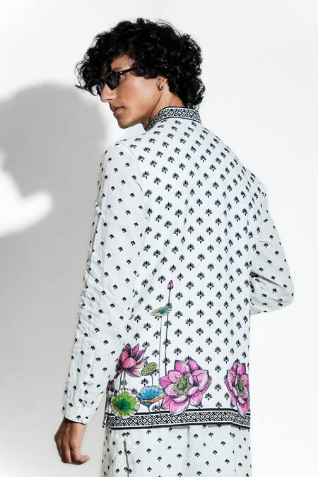 Buy MR. Ajay Kumar White 100% European Linen Printed Lotus Bundi Online at Aza Fashions Buy_MR. Ajay Kumar_White 100% European Linen Printed Lotus Bundi _Online_at_Aza_Fashions