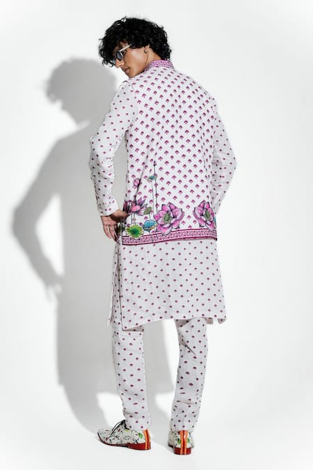 Shop MR. Ajay Kumar Pink 100% European Linen Printed Lotus Band Collar Bundi at Aza Fashions Shop_MR. Ajay Kumar_Pink 100% European Linen Printed Lotus Band Collar Bundi _at_Aza_Fashions