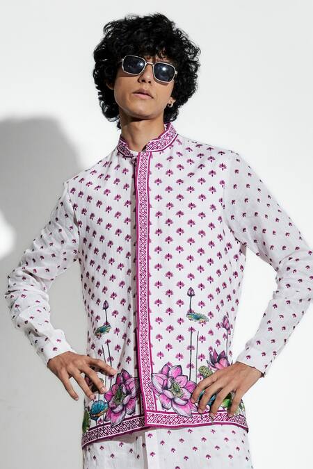 MR. Ajay Kumar Pink 100% European Linen Printed Lotus Band Collar Bundi Online at Aza Fashions MR. Ajay Kumar_Pink 100% European Linen Printed Lotus Band Collar Bundi _Online_at_Aza_Fashions