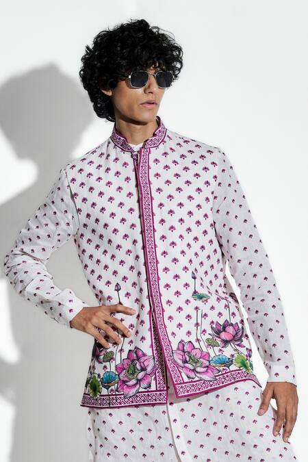 Buy MR. Ajay Kumar Pink 100% European Linen Printed Lotus Band Collar Bundi Online at Aza Fashions Buy_MR. Ajay Kumar_Pink 100% European Linen Printed Lotus Band Collar Bundi _Online_at_Aza_Fashions