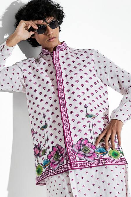 Shop MR. Ajay Kumar Pink 100% European Linen Printed Lotus Band Collar Bundi Online at Aza Fashions Shop_MR. Ajay Kumar_Pink 100% European Linen Printed Lotus Band Collar Bundi _Online_at_Aza_Fashions