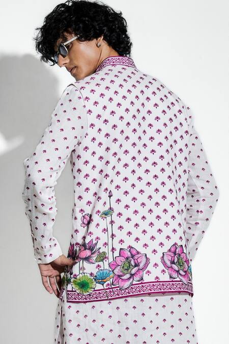 MR. Ajay Kumar Pink 100% European Linen Printed Lotus Band Collar Bundi at Aza Fashions MR. Ajay Kumar_Pink 100% European Linen Printed Lotus Band Collar Bundi _at_Aza_Fashions