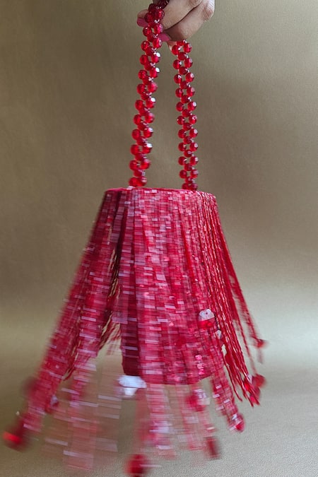 Plode Red Cut Work Shimmy Tonal Cutdana Tassel Bag Online at Aza Fashions Plode_Red Cut Work Shimmy Tonal Cutdana Tassel Bag _Online_at_Aza_Fashions