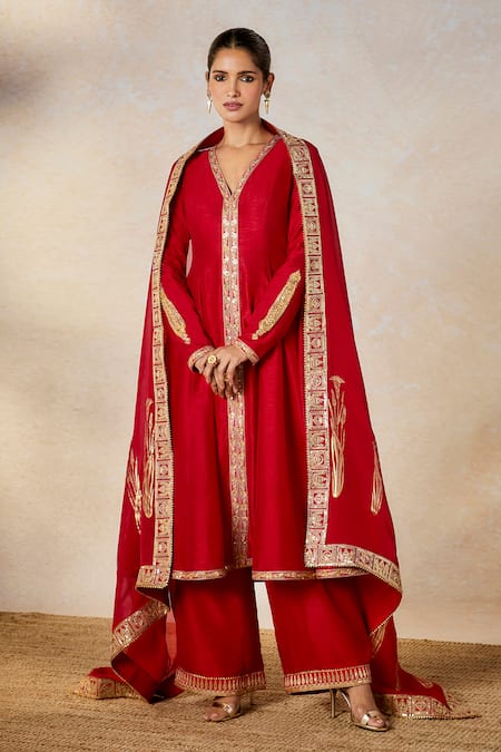 Masaba Red Raw Silk Embroidery Paan Motif V Neck Whispering Lily Anarkali Set 