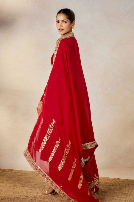 Masaba Red Silk, Organza Embroidery V-neck Whispering Lily Anarkali Pant Set Online at Aza Fashions Masaba_Red Silk, Organza Embroidery V-neck Whispering Lily Anarkali Pant Set _Online_at_Aza_Fashions