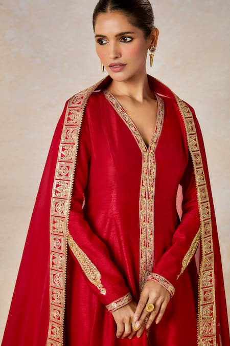 Buy Masaba Red Silk, Organza Embroidery V-neck Whispering Lily Anarkali Pant Set Online at Aza Fashions Buy_Masaba_Red Silk, Organza Embroidery V-neck Whispering Lily Anarkali Pant Set _Online_at_Aza_Fashions