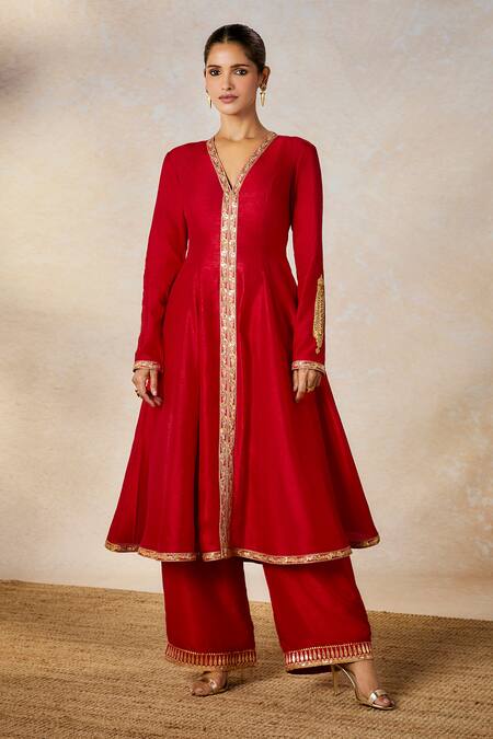 Shop Masaba Red Silk, Organza Embroidery V-neck Whispering Lily Anarkali Pant Set Online at Aza Fashions Shop_Masaba_Red Silk, Organza Embroidery V-neck Whispering Lily Anarkali Pant Set _Online_at_Aza_Fashions