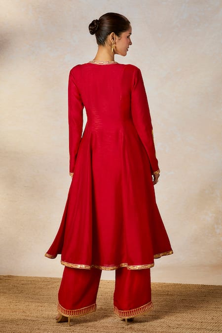Masaba Red Silk, Organza Embroidery V-neck Whispering Lily Anarkali Pant Set at Aza Fashions Masaba_Red Silk, Organza Embroidery V-neck Whispering Lily Anarkali Pant Set _at_Aza_Fashions