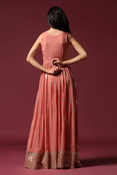 Shop Two Sisters By Gyans Peach Georgette Gota Patti, Pearls Round Neck Embellished Anarkali at Aza Fashions Shop_Two Sisters By Gyans_Peach Georgette Gota Patti, Pearls Round Neck Embellished Anarkali _at_Aza_Fashions