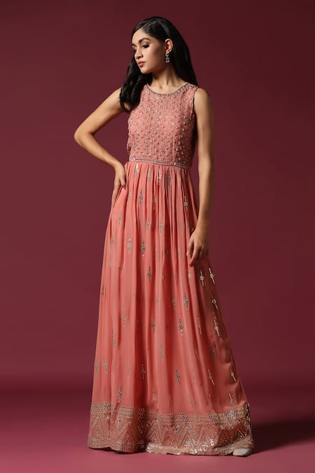 Two Sisters By Gyans Peach Georgette Gota Patti, Pearls Round Neck Embellished Anarkali Online at Aza Fashions Two Sisters By Gyans_Peach Georgette Gota Patti, Pearls Round Neck Embellished Anarkali _Online_at_Aza_Fashions