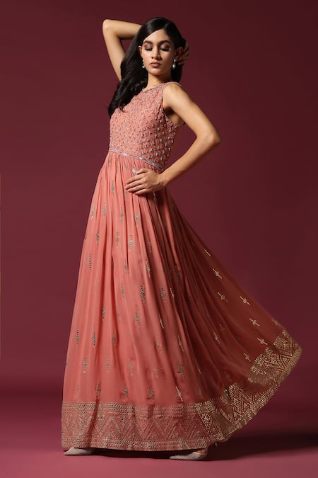 Buy Two Sisters By Gyans Peach Georgette Gota Patti, Pearls Round Neck Embellished Anarkali Online at Aza Fashions Buy_Two Sisters By Gyans_Peach Georgette Gota Patti, Pearls Round Neck Embellished Anarkali _Online_at_Aza_Fashions