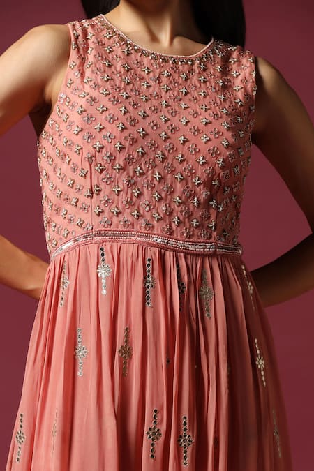 Two Sisters By Gyans Peach Georgette Gota Patti, Pearls Round Neck Embellished Anarkali at Aza Fashions Two Sisters By Gyans_Peach Georgette Gota Patti, Pearls Round Neck Embellished Anarkali _at_Aza_Fashions