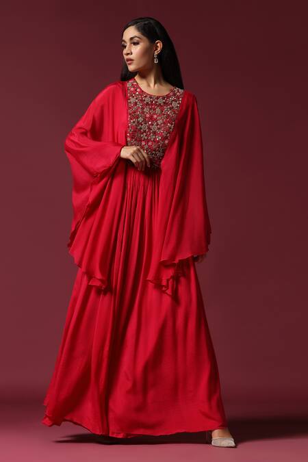 Two Sisters By Gyans Pink Georgette Zari, Sequins Round Neck Yoke Embroidered Gown Online at Aza Fashions Two Sisters By Gyans_Pink Georgette Zari, Sequins Round Neck Yoke Embroidered Gown _Online_at_Aza_Fashions