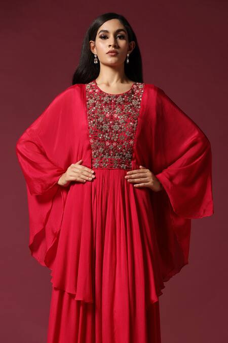 Shop Two Sisters By Gyans Pink Georgette Zari, Sequins Round Neck Yoke Embroidered Gown Online at Aza Fashions Shop_Two Sisters By Gyans_Pink Georgette Zari, Sequins Round Neck Yoke Embroidered Gown _Online_at_Aza_Fashions