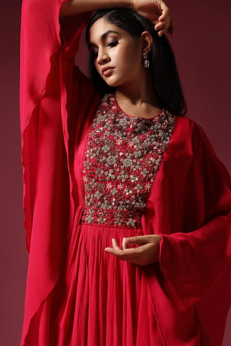 Two Sisters By Gyans Pink Georgette Zari, Sequins Round Neck Yoke Embroidered Gown at Aza Fashions Two Sisters By Gyans_Pink Georgette Zari, Sequins Round Neck Yoke Embroidered Gown _at_Aza_Fashions